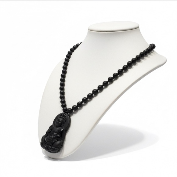 Long Heavy Carved Black Buddha Pendant Necklace – High-Quality Beaded Amulet - Picture 3 of 7